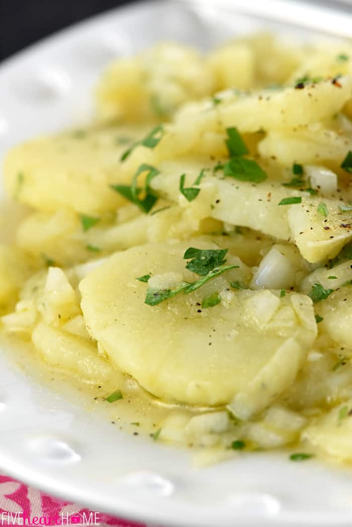 Close-up of Swabian Kartoffelsalat on a plate.