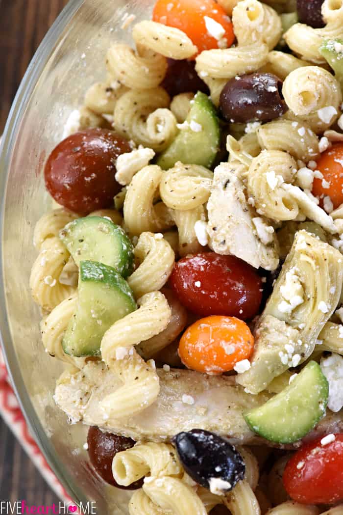 Aerial zoom of Greek Pasta Salad recipe in bowl 