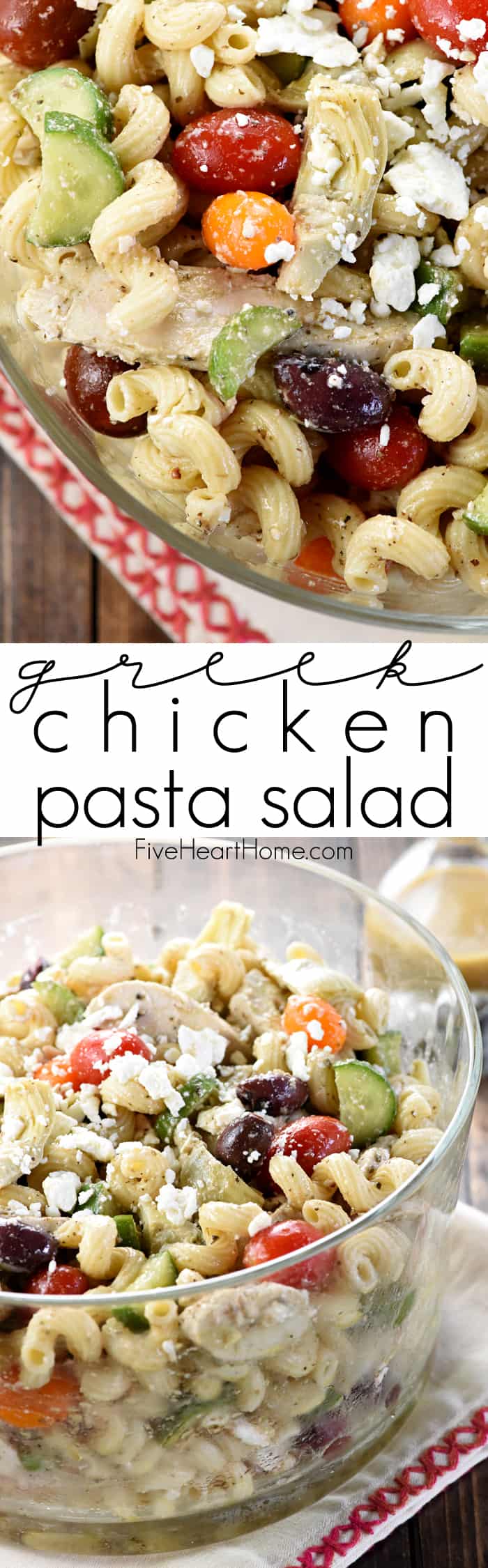 Greek Chicken Pasta Salad ~ marinated chicken, juicy tomatoes, crunchy cucumbers, artichoke hearts, Kalamata olives, and feta cheese are tossed with corkscrew pasta and a tangy dressing in this colorful, flavorful recipe that's perfect for summer barbecues and get-togethers! | FiveHeartHome.com