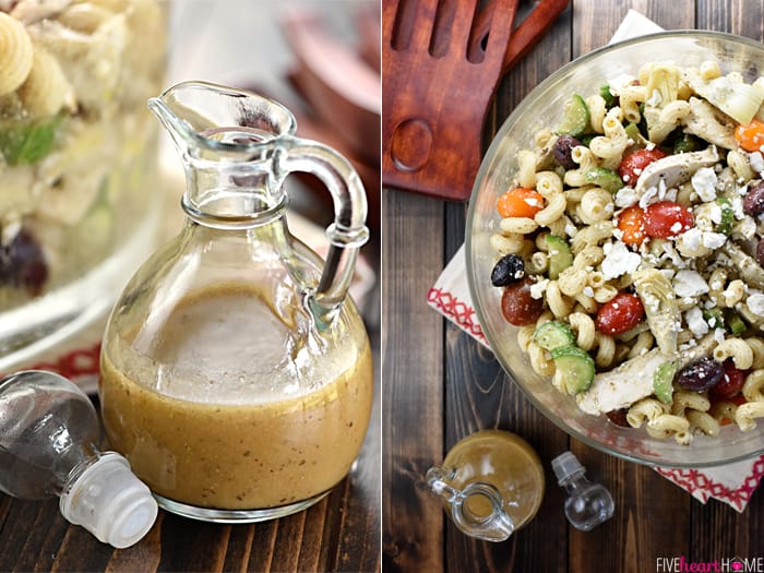 Collage with dressing on left and aerial of serving bowl on right