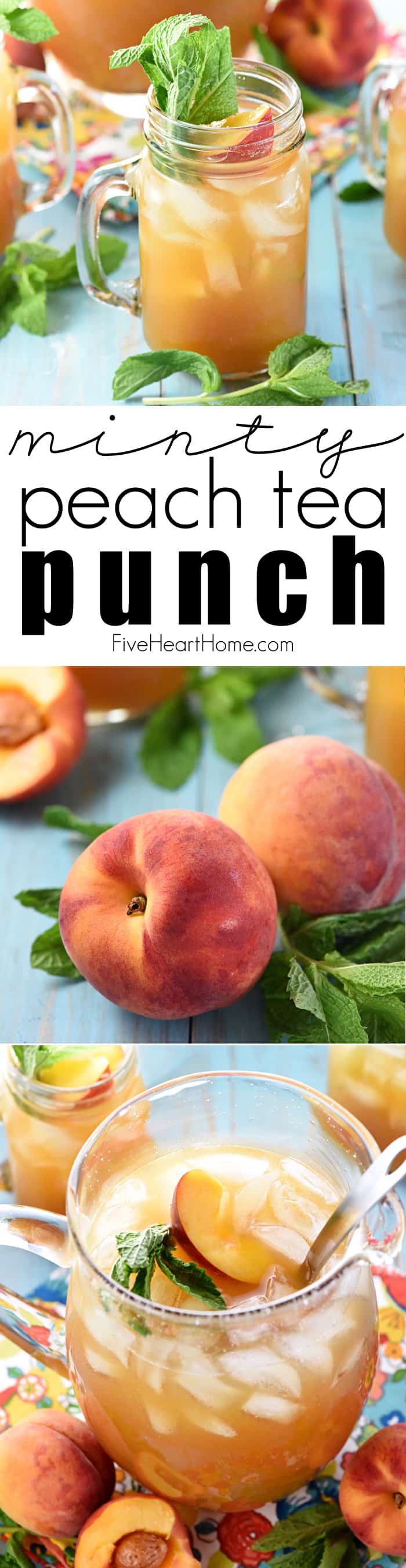 Minty Peach Tea Punch ~ a festive sparkling beverage of mint-infused tea mixed with fresh peach nectar, simple syrup, ginger ale, and club soda, perfect for spring or summer showers, barbecues, and parties! | FiveHeartHome.com via @fivehearthome