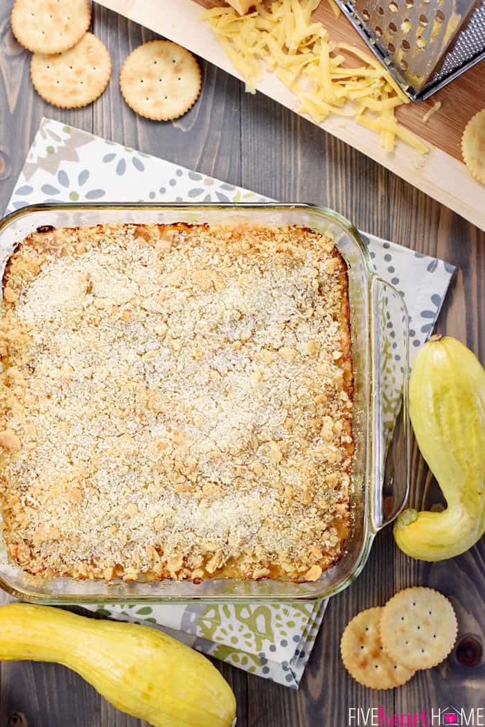 Aerial view of Squash Casserole topped with cracker crumbs.