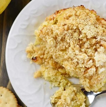 Aerial view of Squash Casserole on plate with spoon.