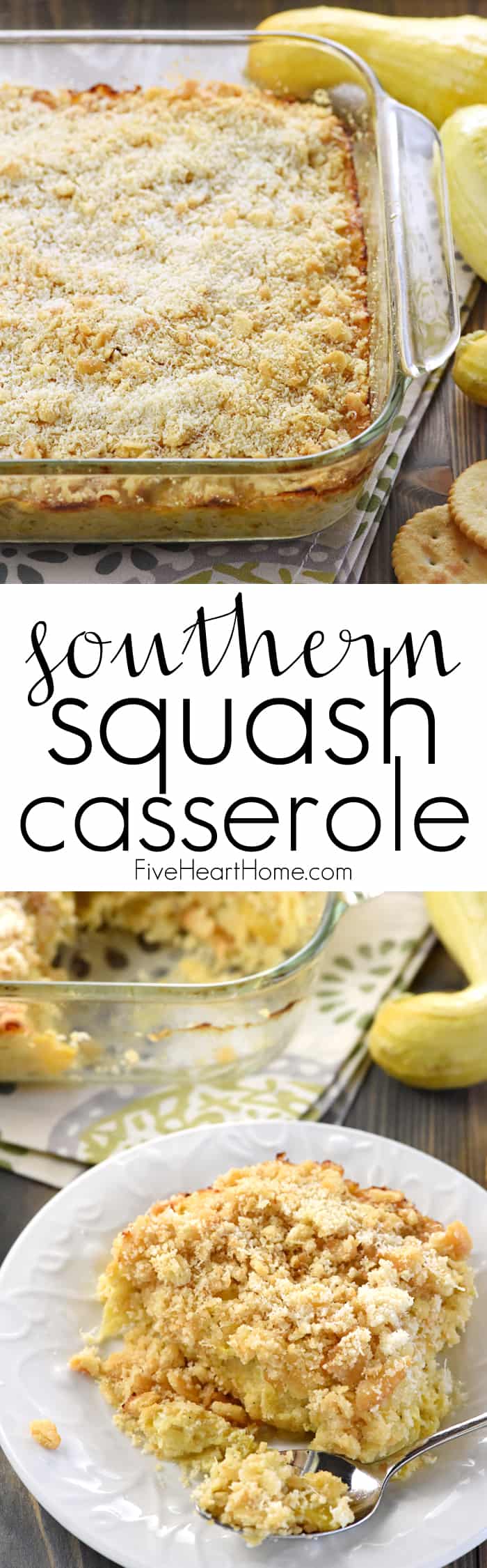 Southern Squash Casserole ~ this cheesy, comforting side dish recipe is loaded with tender sauteed yellow squash, cheddar, Parmesan, and sour cream, then topped with buttery cracker crumbs and baked! | FiveHeartHome.com via @fivehearthome