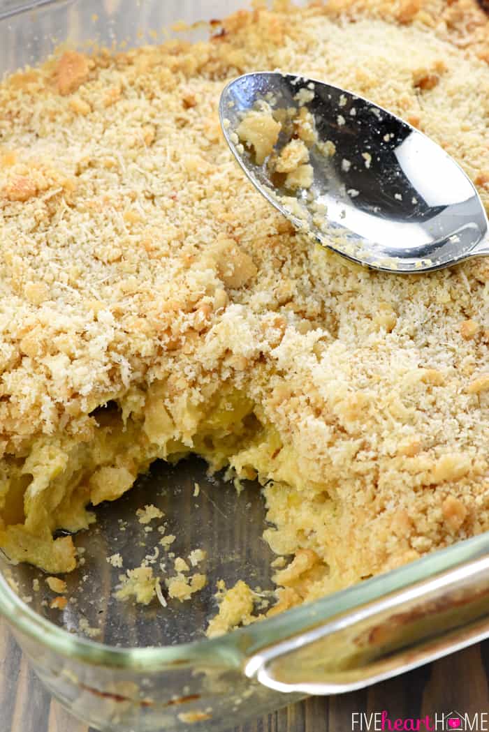 Close-up of scoop missing from baking dish.