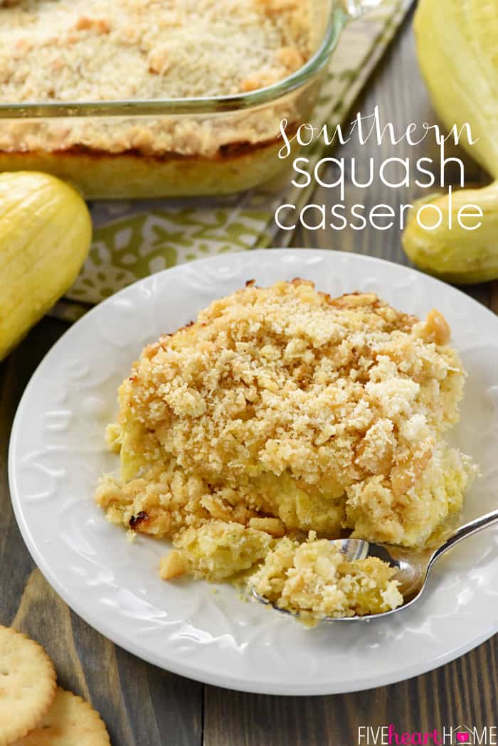 Southern Squash Casserole recipe with text overlay.