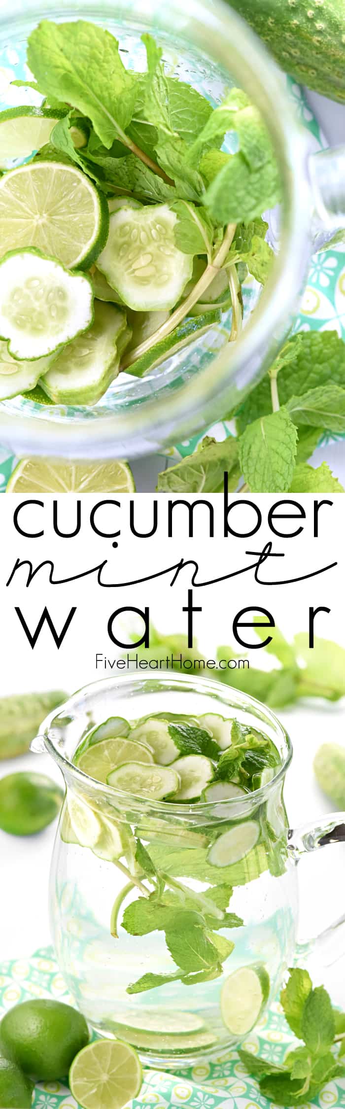 Cucumber Water with Mint ~ with or without lime, this delicately flavored, refreshing infused water will keep you cool and hydrated all summer long! | FiveHeartHome.com via @fivehearthome