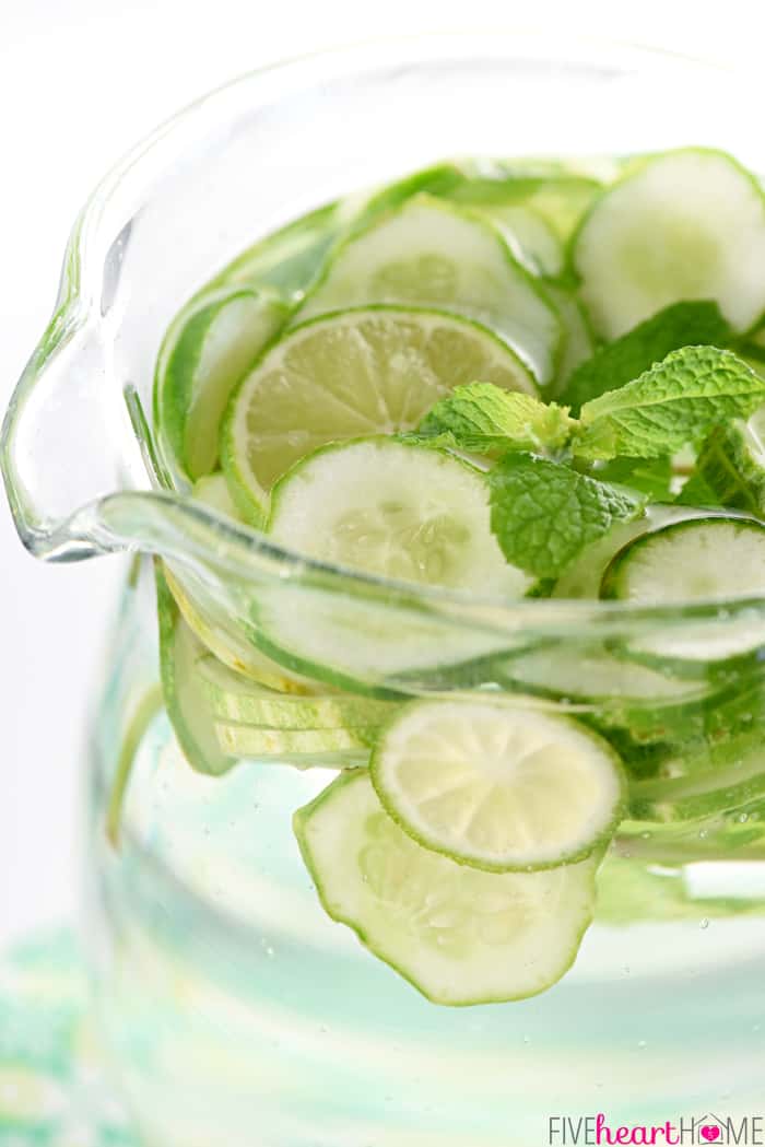 Close-up of Cucumber Water in a clear glass pitcher.