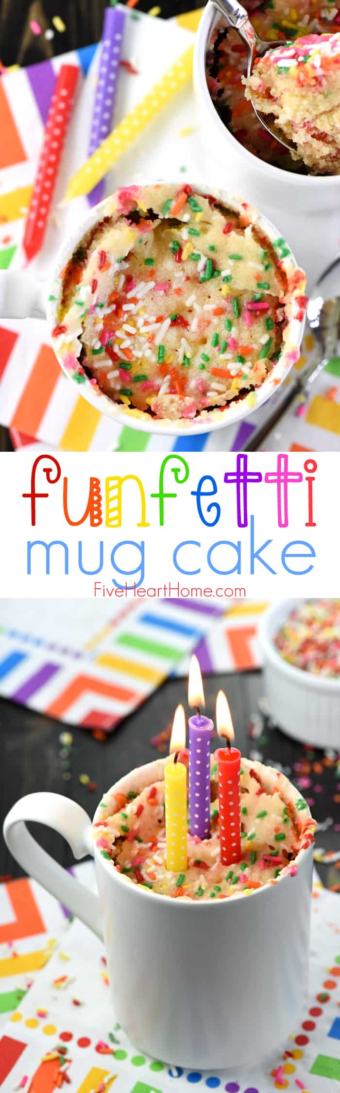 Funfetti Mug Cake ~ this single-serving microwave mug cake recipe comes together in just a few minutes and yields light, fluffy, vanilla cake -- bursting with colorful sprinkles, and perfect for a birthday, anniversary, or any celebration! | FiveHeartHome.com via @fivehearthome