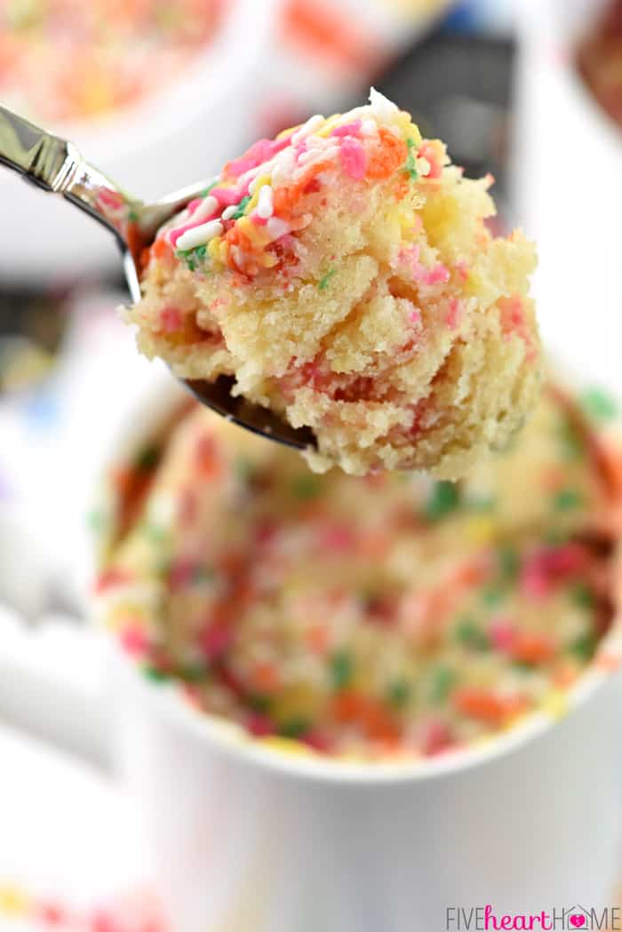 Spoonful of Funfetti Mug Cake with sprinkles