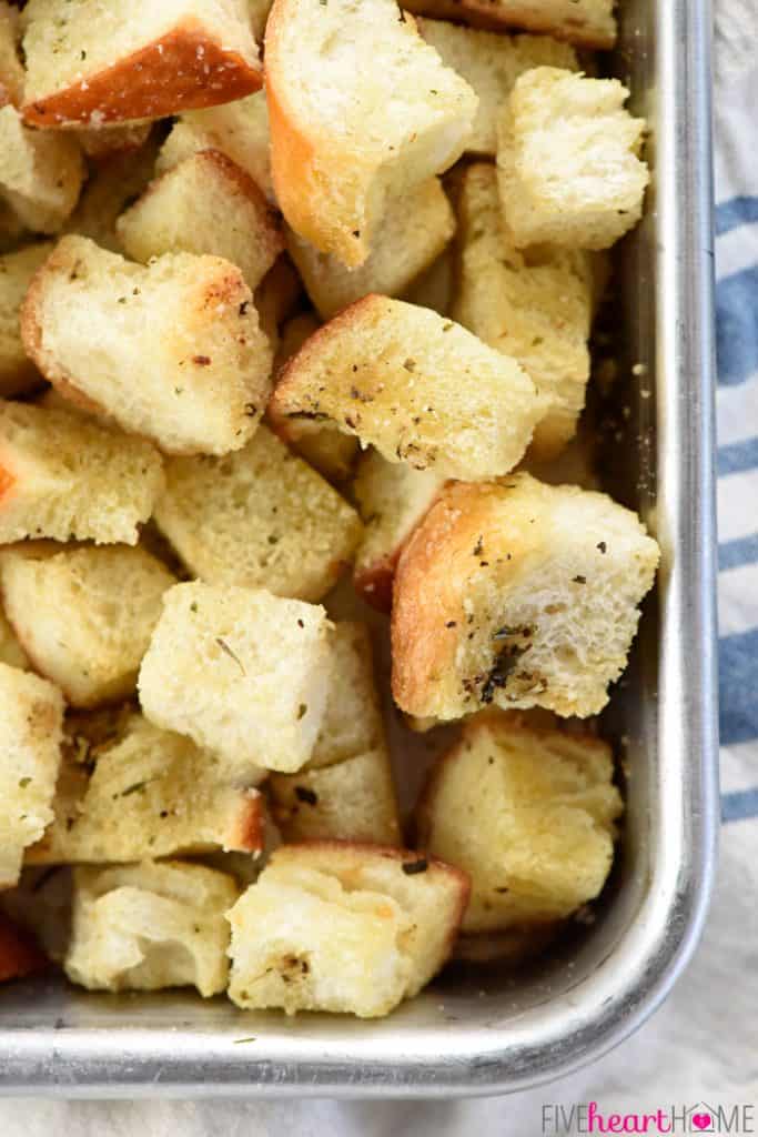 Close-up of Homemade Croutons on pan.