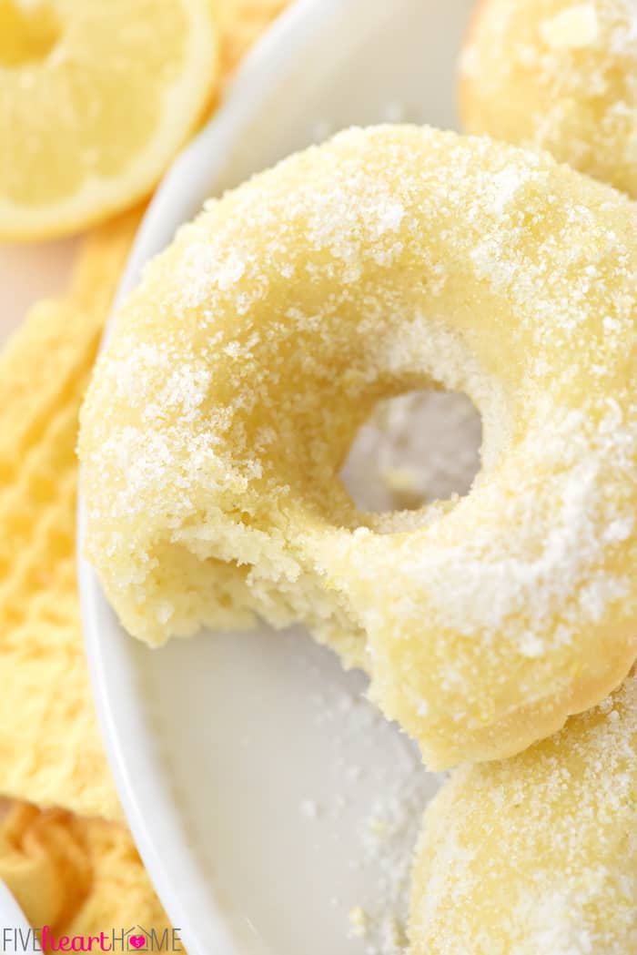 Lemon Sugar Baked Donuts ~ light, citrusy, and generously coated in a crunchy, lemon zest-infused sugar...the perfect sunny treat for breakfast or dessert! | FiveHeartHome.com Close-up of missing bite.