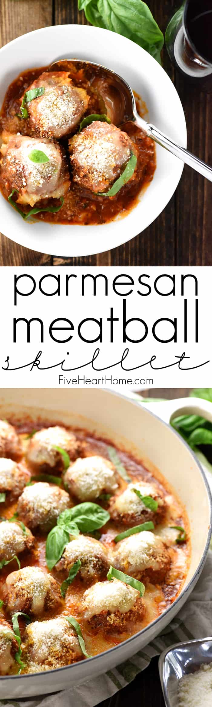 Parmesan Meatball Skillet ~ this easy-to-make, family-pleasing ground beef recipe features tender baked meatballs simmered in marinara and smothered with cheese, delicious served over pasta or piled on meatball subs! | FiveHeartHome.com via @fivehearthome