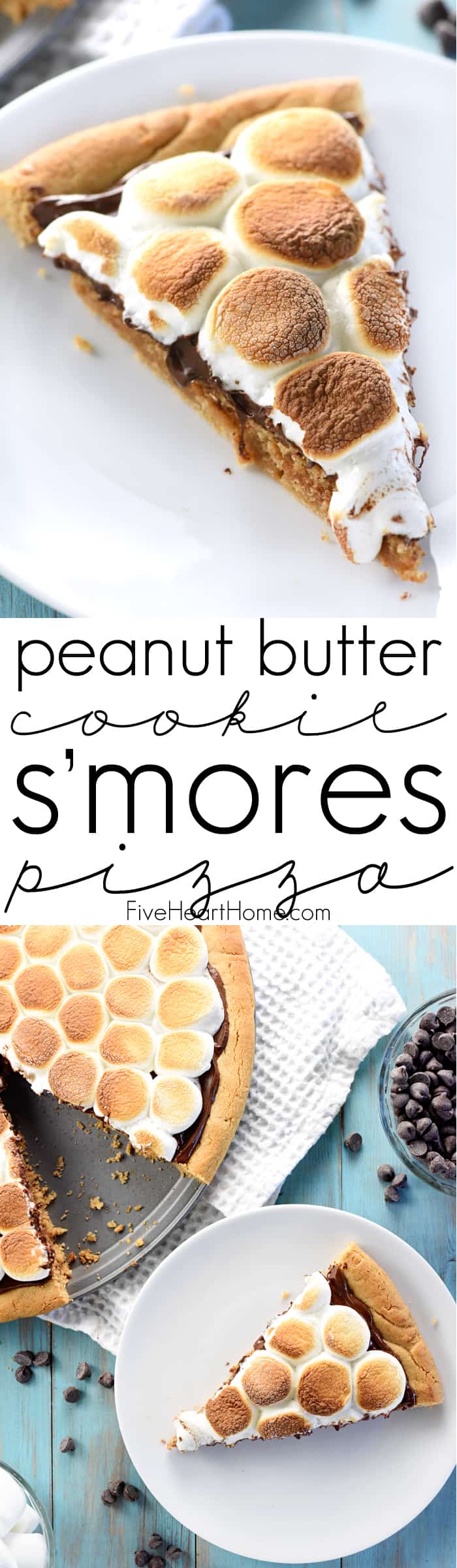 Peanut Butter Cookie S'mores Pizza ~ melted chocolate and toasted marshmallows top a thick, chewy, homemade peanut butter crust in this fun and decadent dessert recipe that's perfect for summer parties or year-round special occasions! | FiveHeartHome.com via @fivehearthome