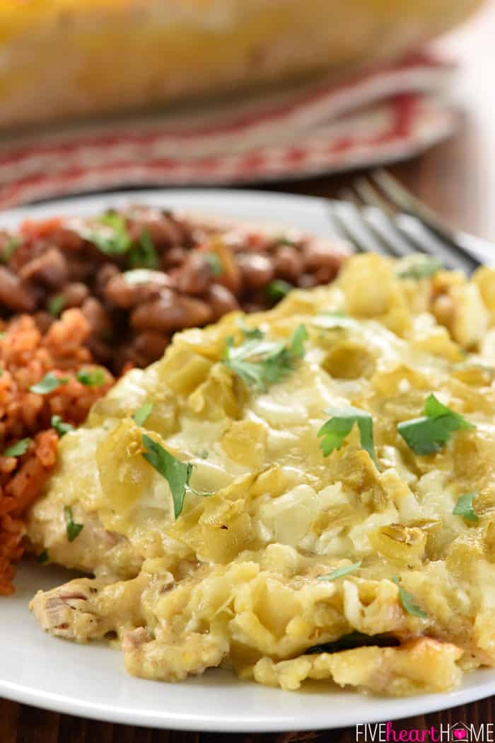 Chicken Enchilada Casserole close-up on plate.