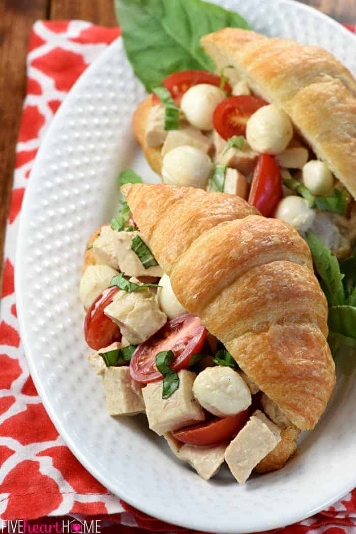 Caprese Chicken Salad in Sandwiches on White Platter 