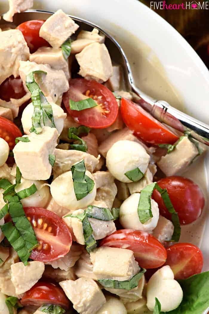 Caprese Chicken Salad ~ combines two summertime favorites, featuring juicy tomatoes, creamy mozzarella, and fresh basil tossed with diced chicken in a homemade, Greek yogurt-based balsamic dressing! | FiveHeartHome.com Mozzarella Chicken Salad