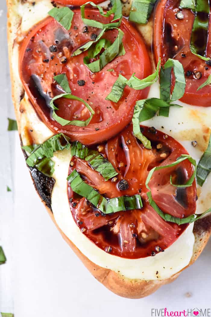 Aerial View Caprese French Bread Pizza with Basil 