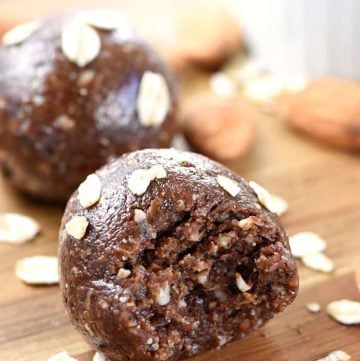 Chocolate Almond Energy Bites ~ ground almonds and oats are combined with almond butter, honey, cocoa powder, and chia seeds in these wholesome, protein-packed energy balls, perfect for a quick snack or breakfast on-the-go! | FiveHeartHome.com