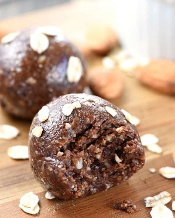Chocolate Almond Energy Bites ~ ground almonds and oats are combined with almond butter, honey, cocoa powder, and chia seeds in these wholesome, protein-packed energy balls, perfect for a quick snack or breakfast on-the-go! | FiveHeartHome.com