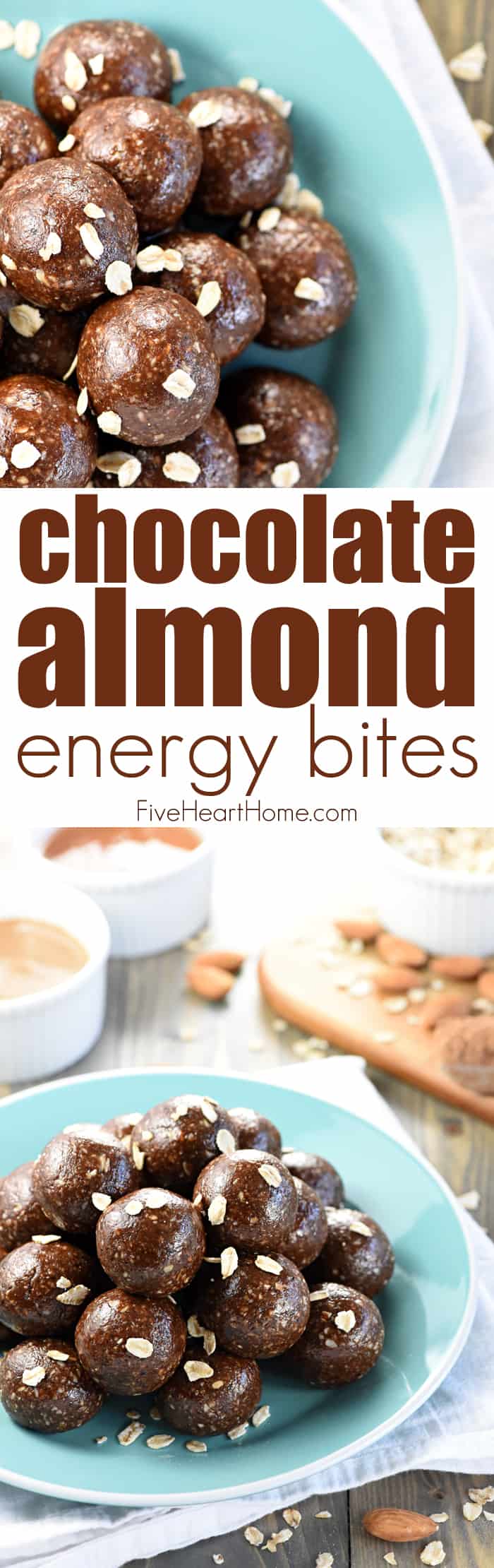 Chocolate Almond Energy Bites ~ ground almonds and oats are combined with almond butter, honey, cocoa powder, and chia seeds in these wholesome, protein-packed energy balls, perfect for a quick snack or breakfast on-the-go! | FiveHeartHome.com via @fivehearthome