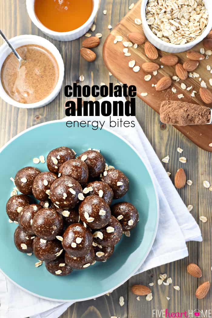 Chocolate Almond Energy Bites with Text Overlay 