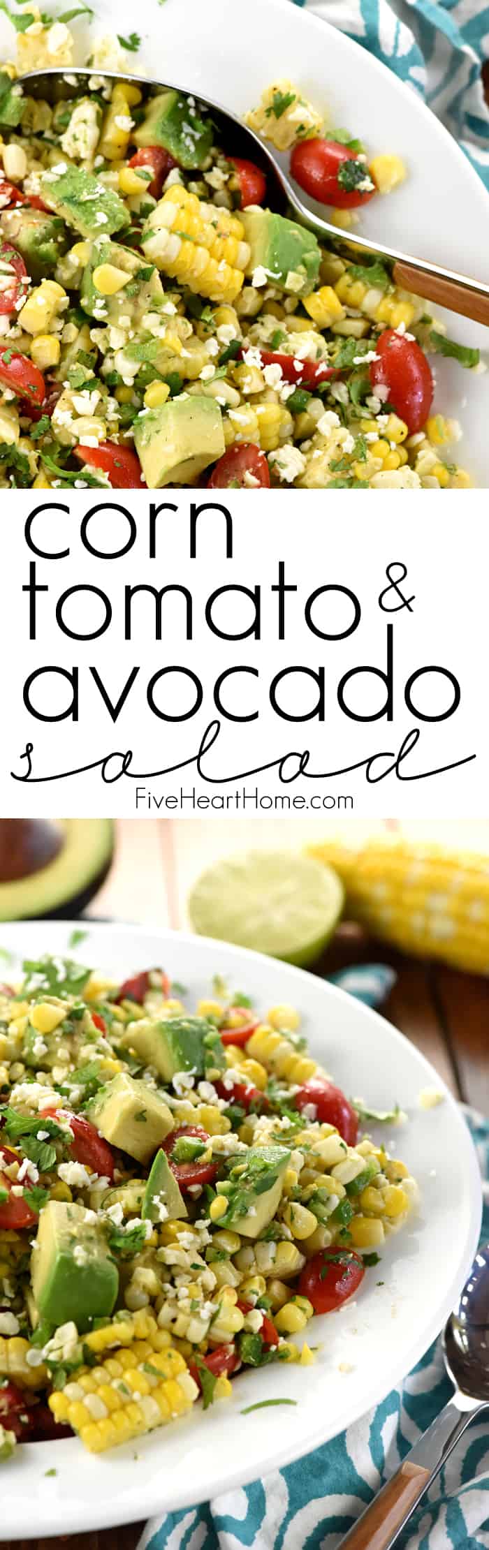 Corn Tomato Avocado Salad ~ an explosion of Tex-Mex flavors and summertime textures, with fresh roasted corn, juicy tomatoes, creamy avocado, minced jalapeño, crumbled cotija cheese, and fresh cilantro in a zippy lime vinaigrette! | FiveHeartHome.com via @fivehearthome
