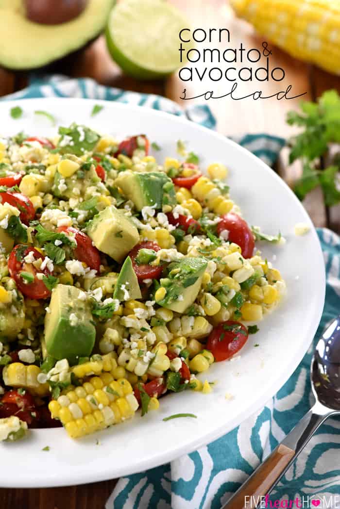 Corn Tomato Avocado Salad with text overlay.