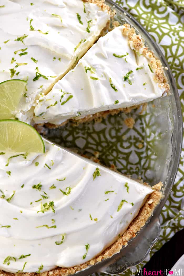 Aerial view of Frozen Margarita Pie with slice cut.