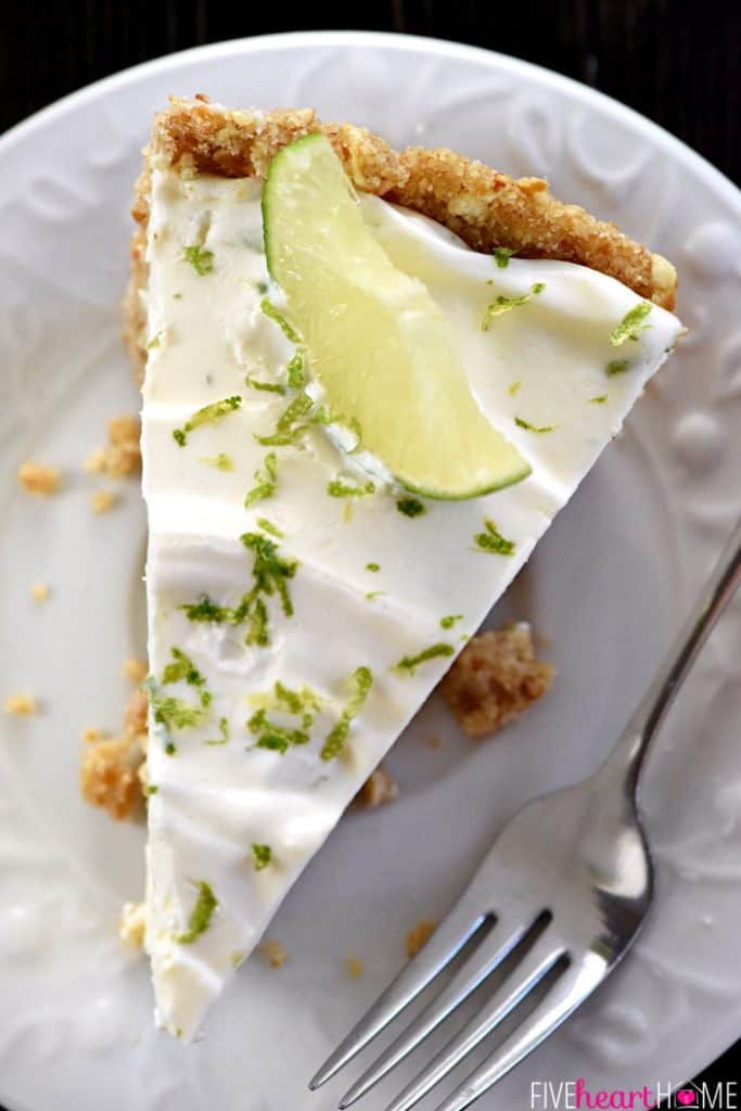 Aerial view of Frozen Margarita Pie slice on plate.