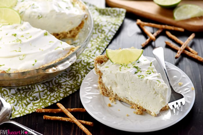 No-Bake Frozen Margarita Pie on plate and in pan.