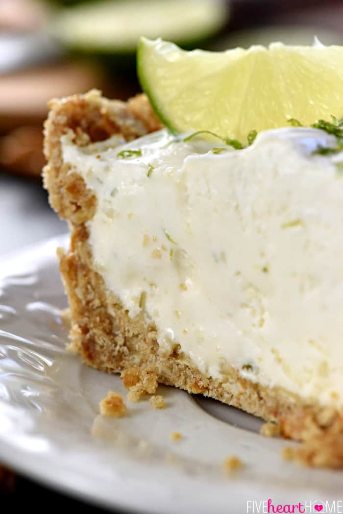 Close-up of side of slice of No-Bake Frozen Margarita Pie.