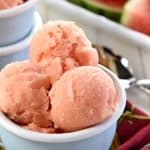 2-Ingredient Watermelon Sherbet ~ a light, refreshing frozen treat that comes together with just fruit and yogurt, making it the perfect healthy snack or dessert all summer long! | FiveHeartHome.com