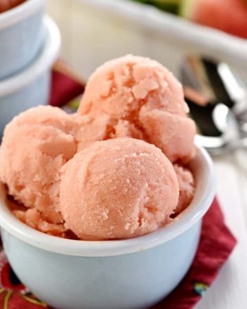 2-Ingredient Watermelon Sherbet ~ a light, refreshing frozen treat that comes together with just fruit and yogurt, making it the perfect healthy snack or dessert all summer long! | FiveHeartHome.com