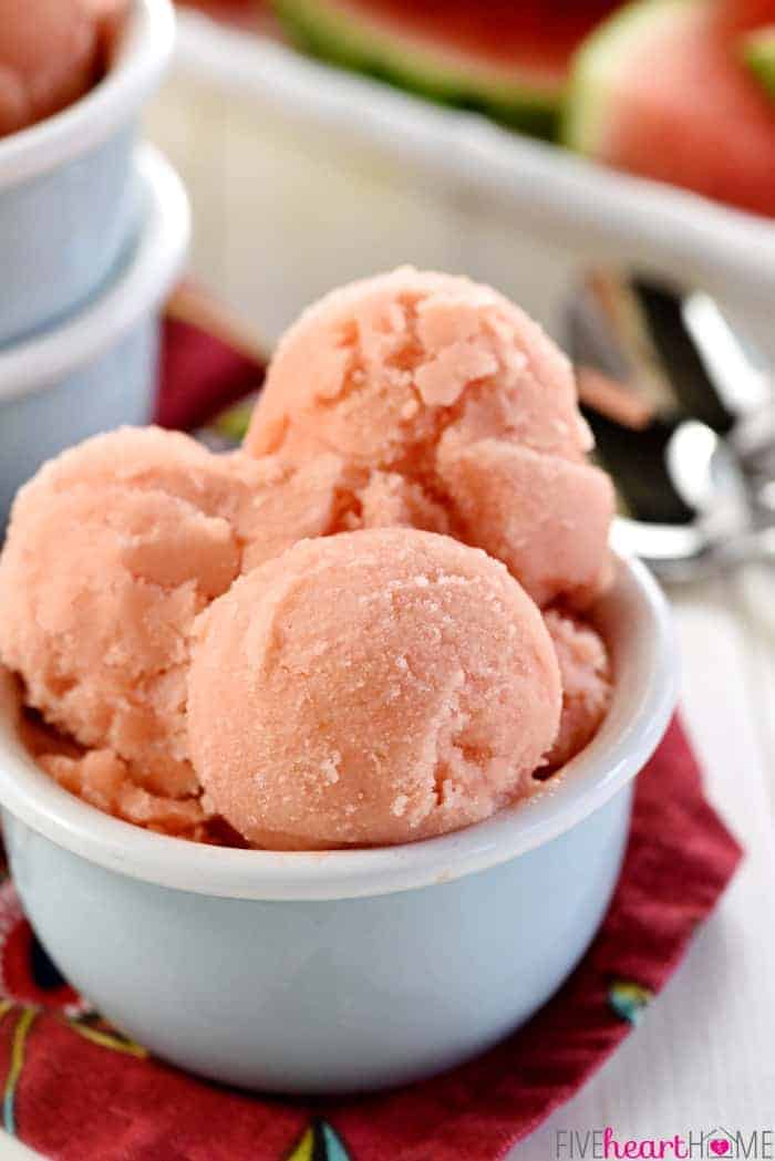 Scoops of 2-Ingredient Watermelon Sherbet in White Bowl