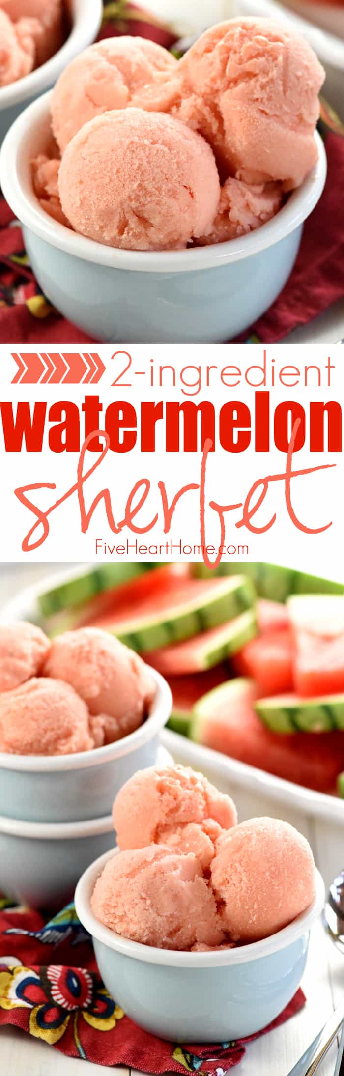 2-Ingredient Watermelon Sherbet ~ a light, refreshing frozen treat that comes together with just fruit and yogurt, making it the perfect healthy snack or dessert all summer long! | FiveHeartHome.com via @fivehearthome