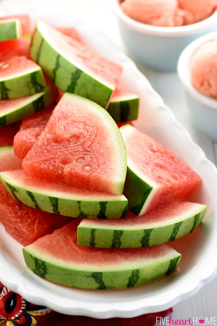 Fresh Watermelon Wedges on White Platter 