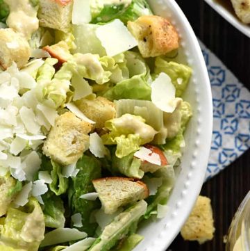 Aerial view of bowl of Classic Caesar Salad