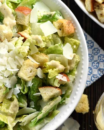 Aerial view of bowl of Classic Caesar Salad