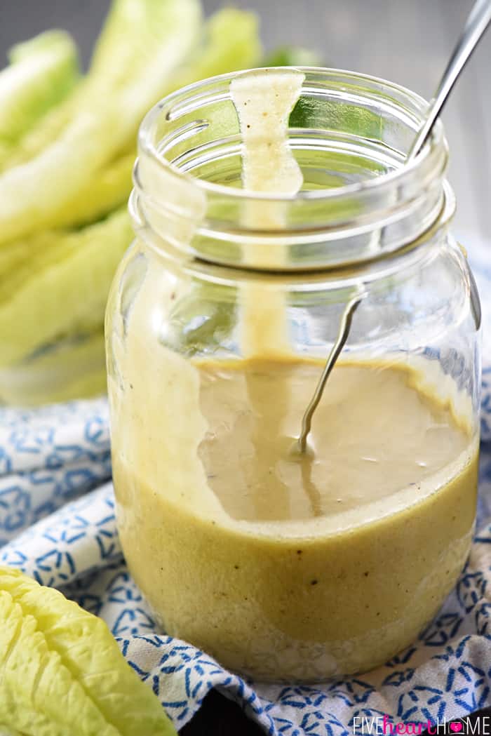 Jar of homemade egg-free Caesar dressing