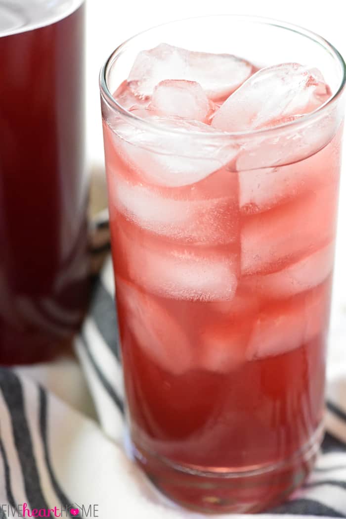 Homemade Gatorade with ice in a glass.