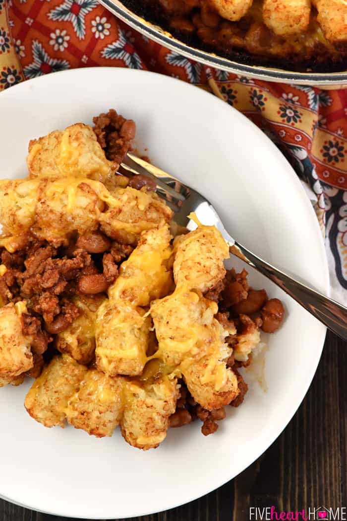 Aerial close-up of Sloppy Joe Tater Tot Casserole on plate.