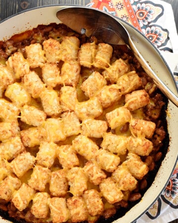 Aerial view of Sloppy Joe Tater Tot Casserole in skillet.
