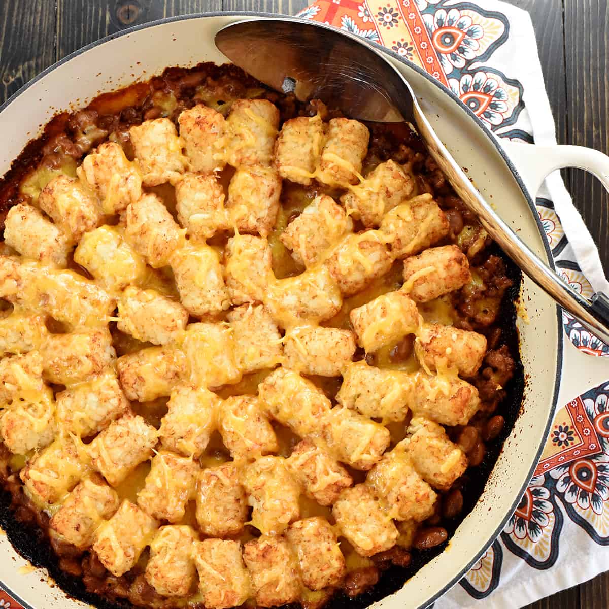 Aerial view of Sloppy Joe Tater Tot Casserole in skillet.