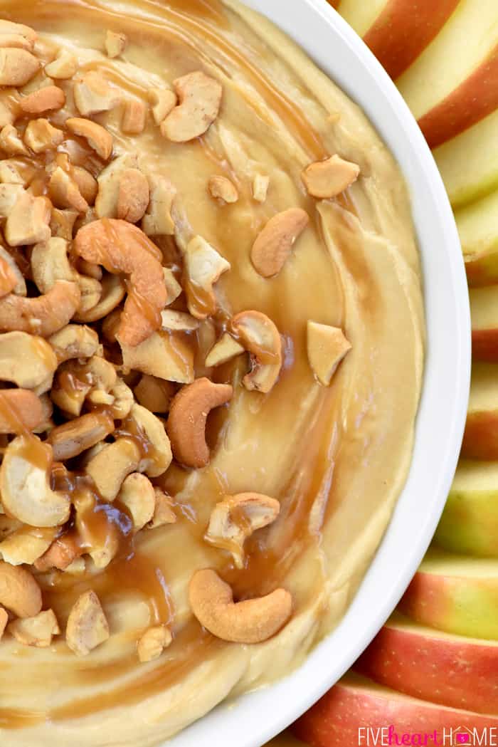 Caramel Apple Cheesecake Dip Aerial View with Cashew Topping