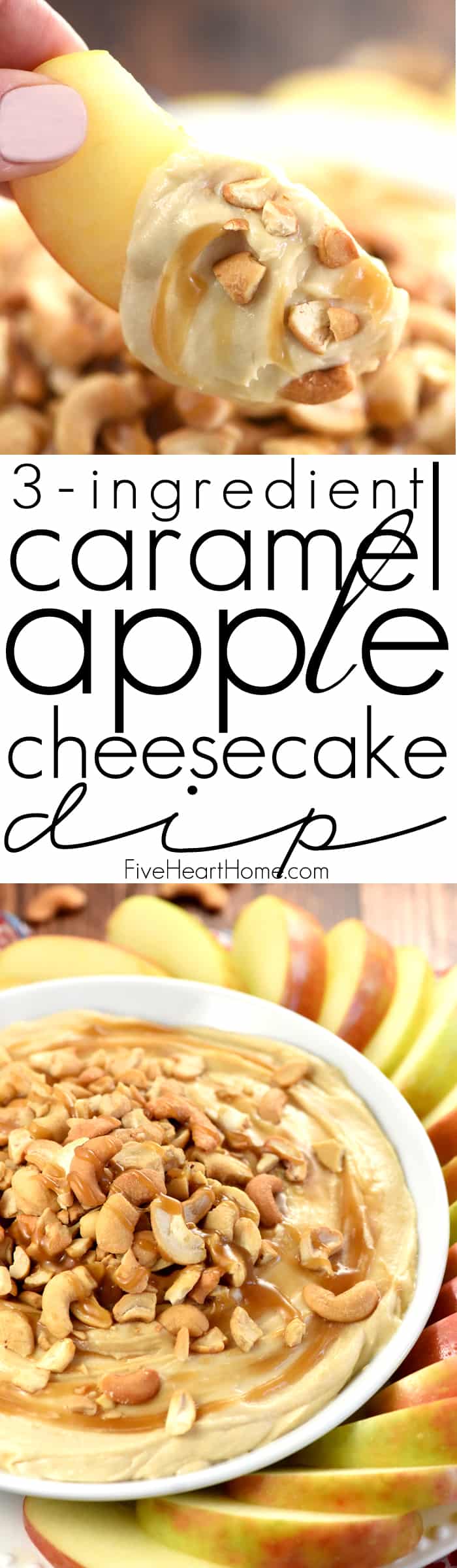 Caramel Apple Cheesecake Dip ~ requiring only three ingredients and a few minutes to assemble, this sweet and creamy dip is an effortless recipe for game day, Halloween parties, Thanksgiving dessert, or just about any special occasion or get-together! | FiveHeartHome.com via @fivehearthome