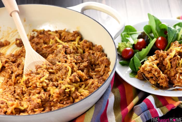 One-Pan Cheesy Beef Taco Skillet {Homemade Hamburger Helper} ~ a quick and easy dinner recipe made with five real, all-natural ingredients! | FiveHeartHome.com