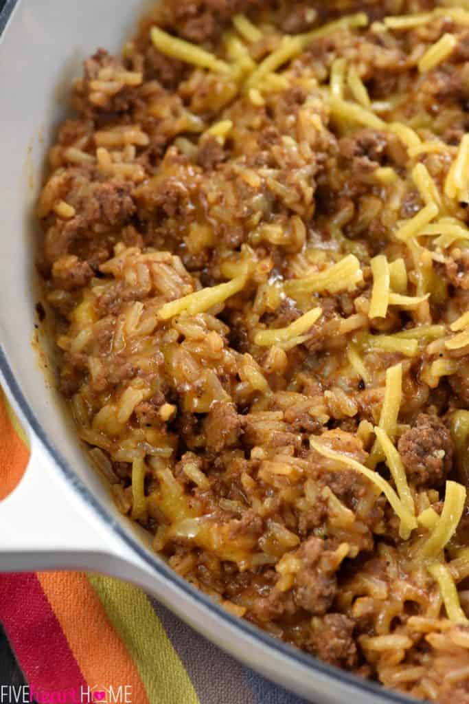 One-Pan Cheesy Beef Taco Skillet {Homemade Hamburger Helper} ~ a quick and easy dinner recipe made with five real, all-natural ingredients! | FiveHeartHome.com
