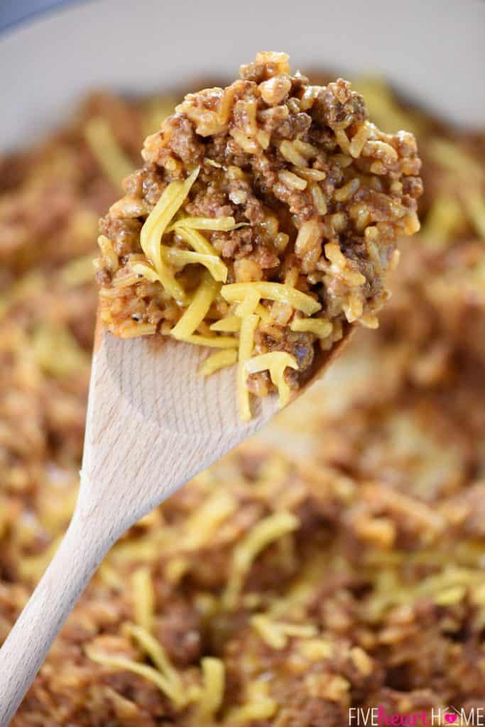 One-Pan Cheesy Beef Taco Skillet {Homemade Hamburger Helper} ~ a quick and easy dinner recipe made with five real, all-natural ingredients! | FiveHeartHome.com