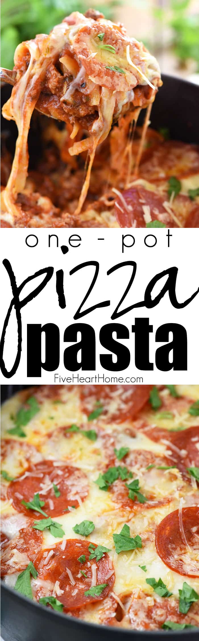 One-Pot Pizza Pasta ~ an easy, cheesy, comforting dinner recipe loaded with flavor thanks to all of your favorite pizza toppings...and as a bonus, everything gets cooked in the same pot! | FiveHeartHome.com via @fivehearthome